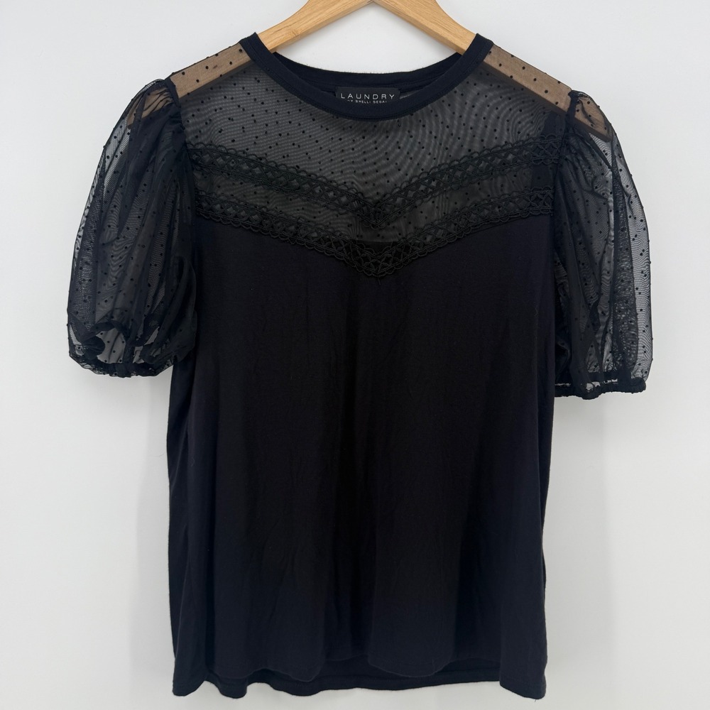 Laundry by Shelli Segal Black Sheer Mesh Lace Puff Sleeve Top Medium
